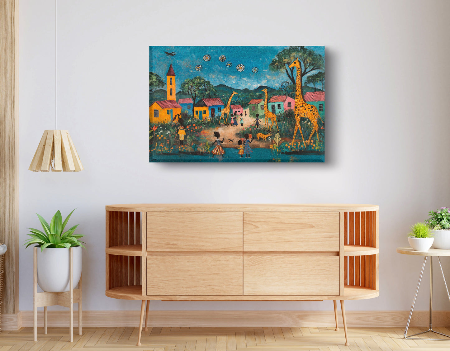 Giraffe Village Folk Black Black culture wall art displayed as living room wall decor