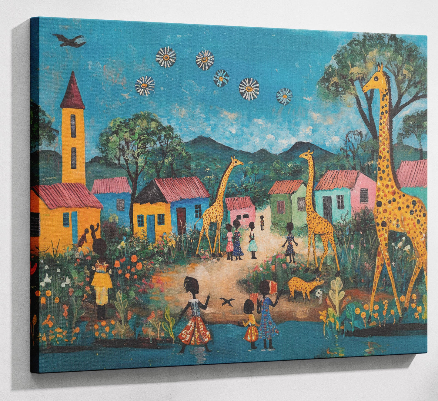 Giraffe Village Folk Black Black culture wall art canvas print with visible wall art format
