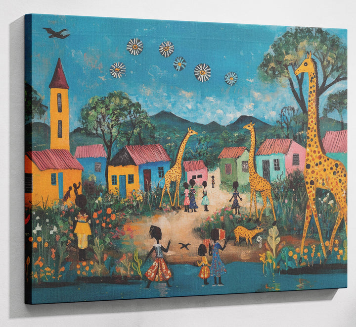 Giraffe Village Folk Black Black culture wall art canvas print with visible wall art format