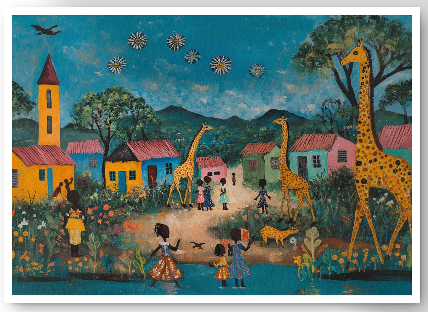 Giraffe Village Folk Black Black culture wall art canvas print by MoomZee Artwork