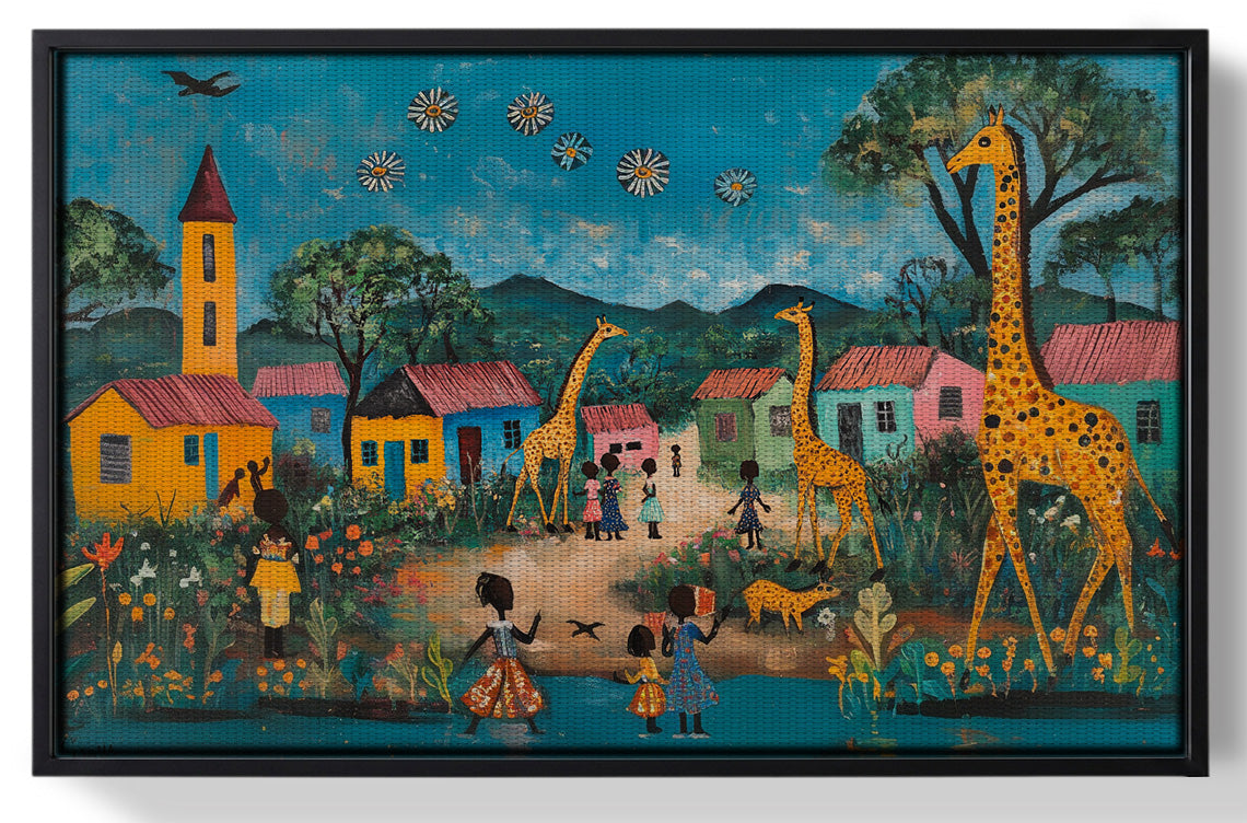 Framed Giraffe Village Folk Black Black culture wall art for home decor