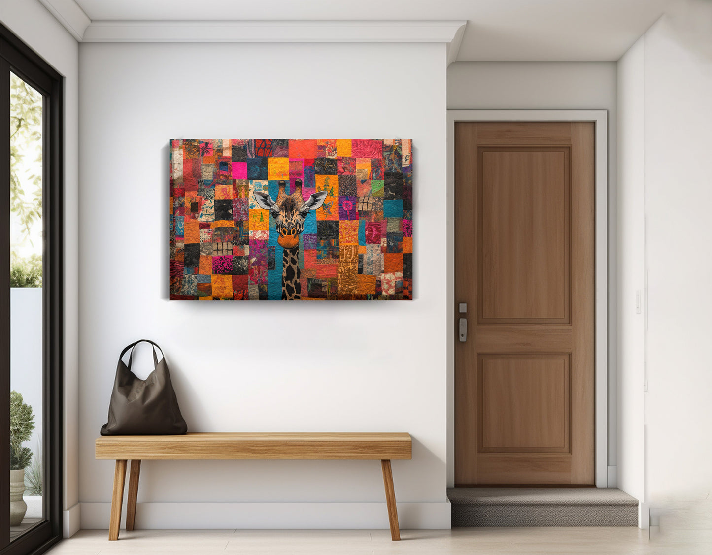 Patchwork Giraffe African American canvas print displayed as entryway wall decor