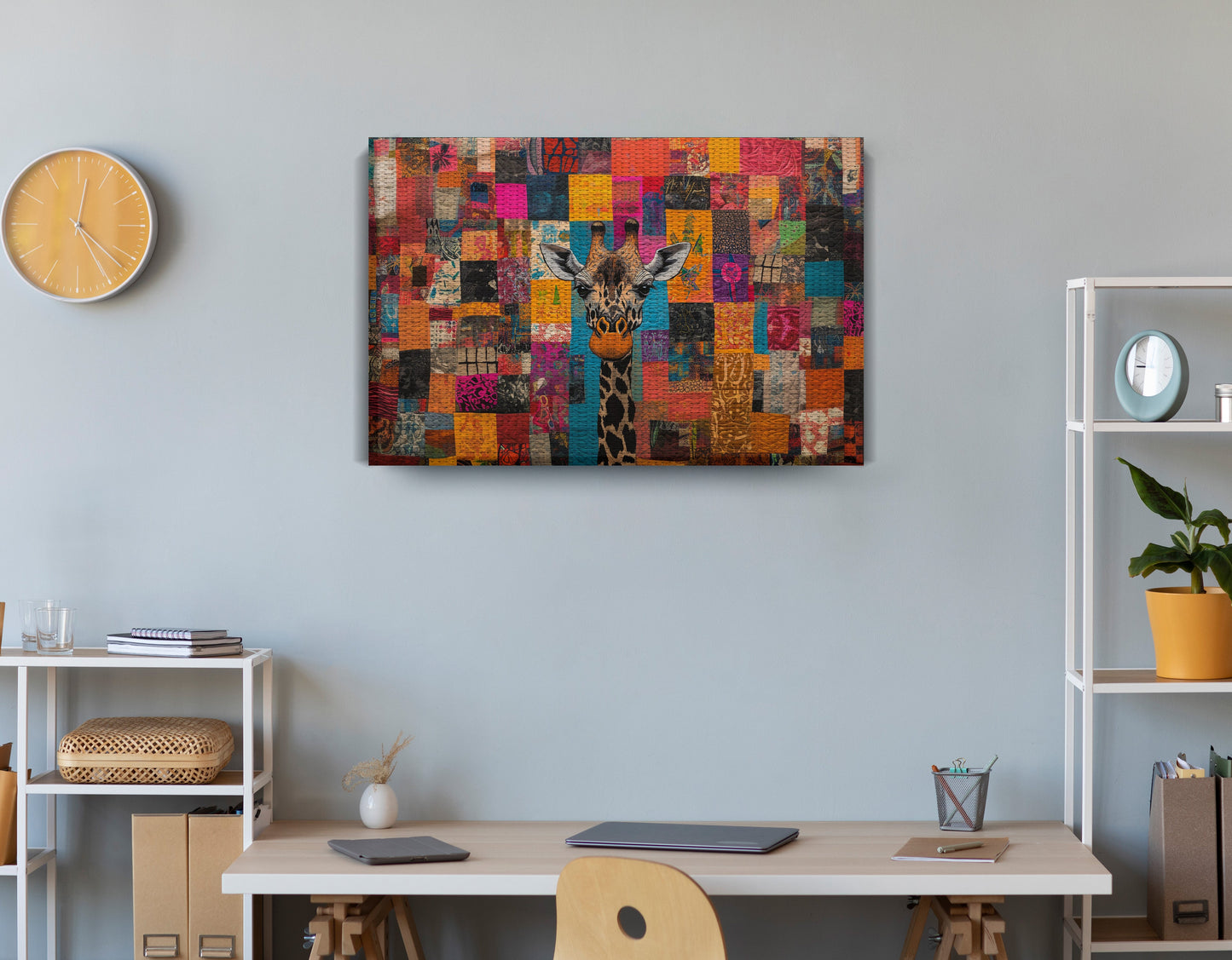 Patchwork Giraffe African American canvas print displayed as office wall decor
