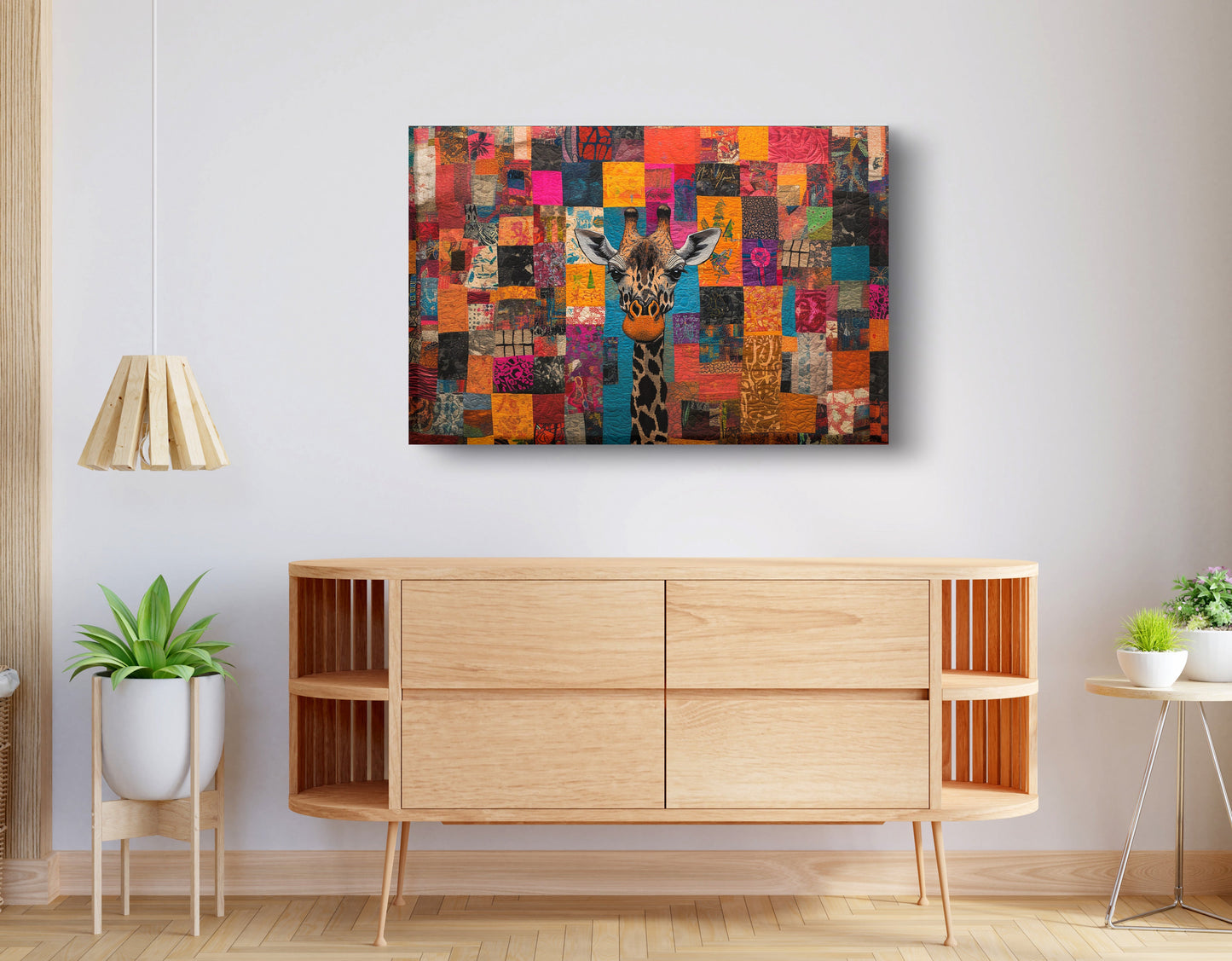 Patchwork Giraffe African American canvas print displayed as living room wall decor