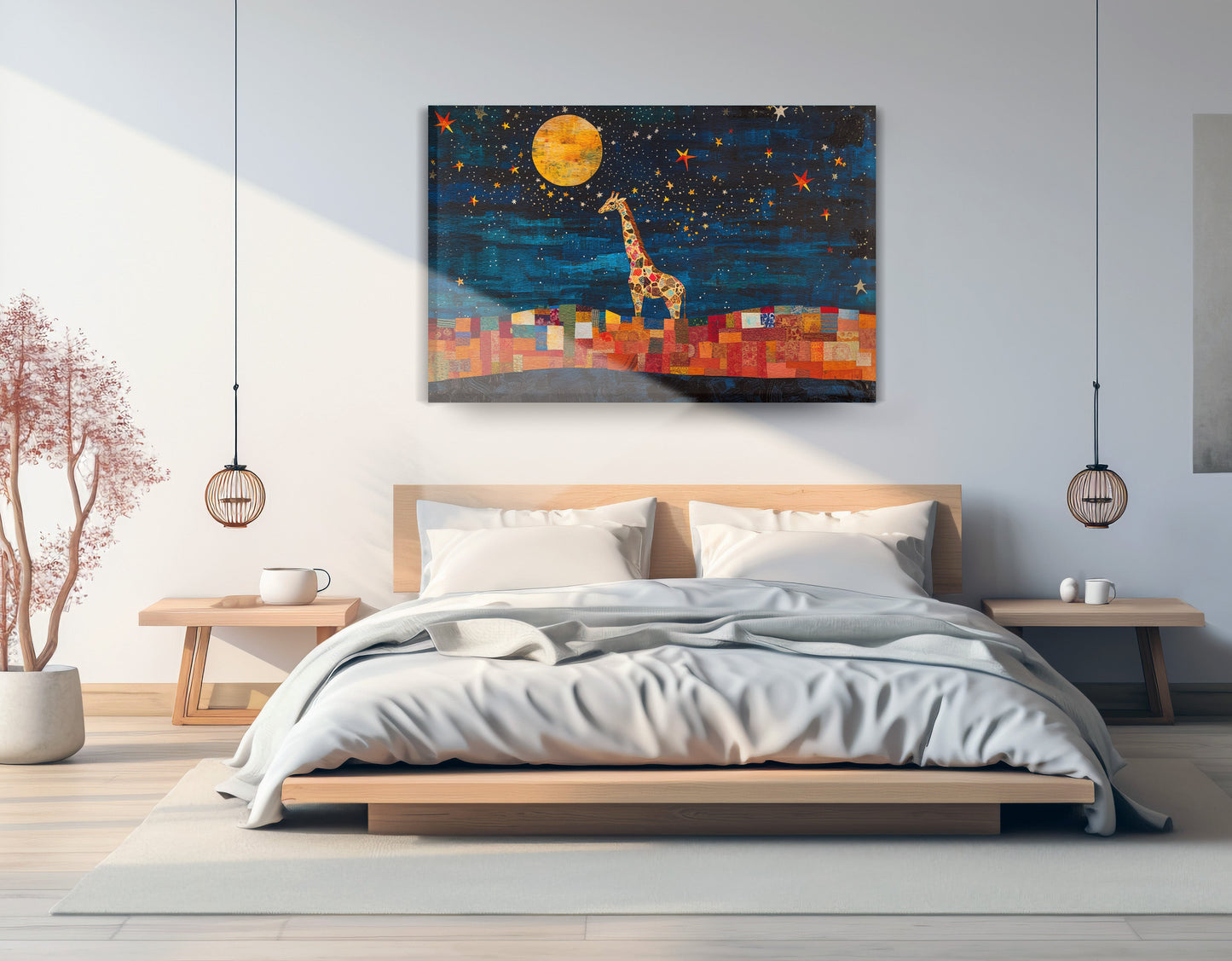 Moonlit Giraffe Mosaic African American canvas print displayed as bedroom wall decor