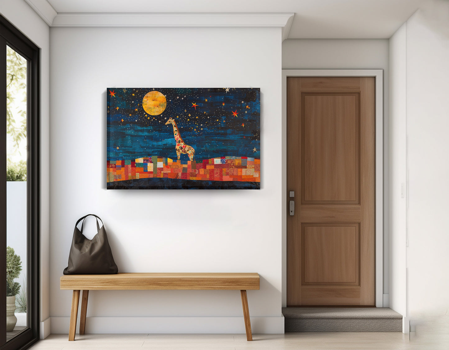 Moonlit Giraffe Mosaic African American canvas print displayed as entryway wall decor