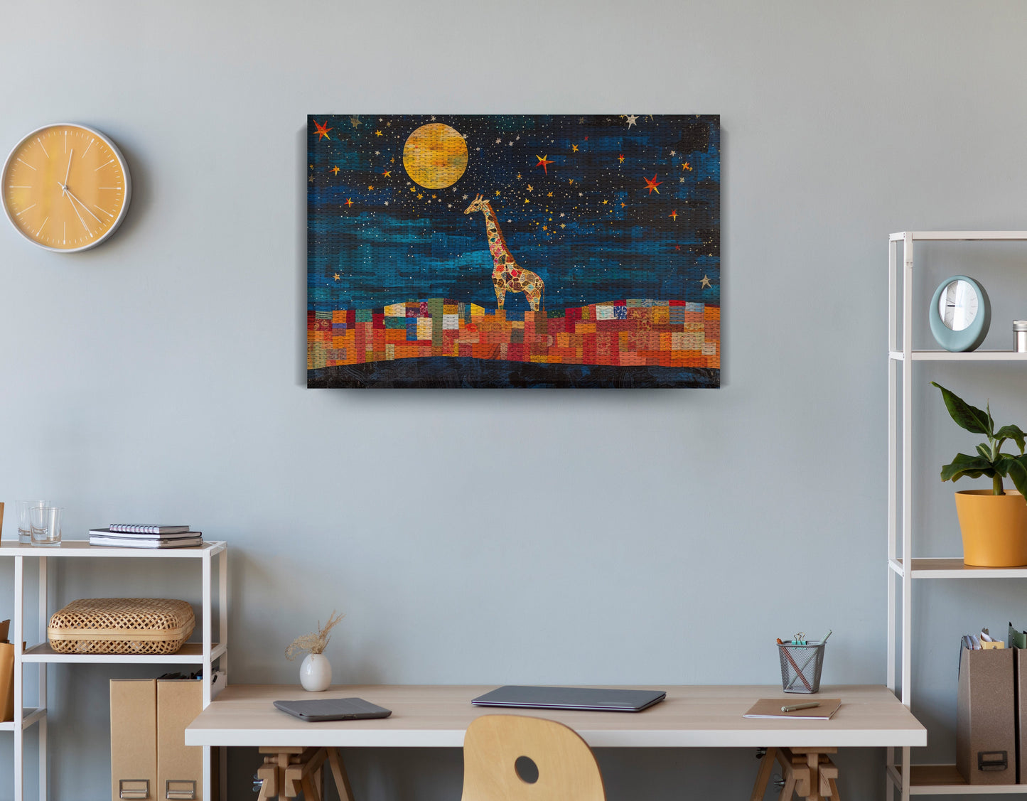Moonlit Giraffe Mosaic African American canvas print displayed as office wall decor