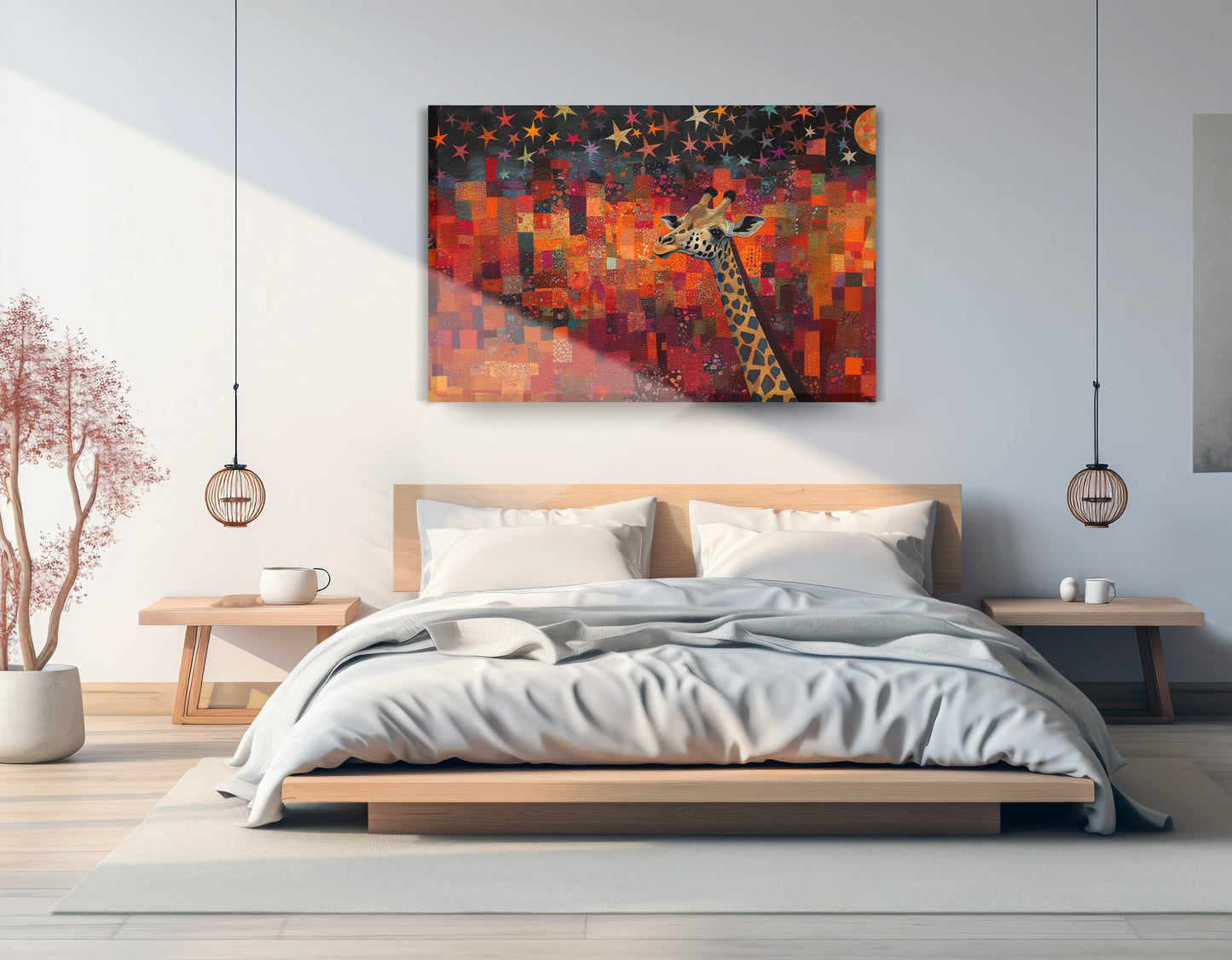 Red Patchwork Giraffe Black African American canvas print displayed as bedroom wall decor