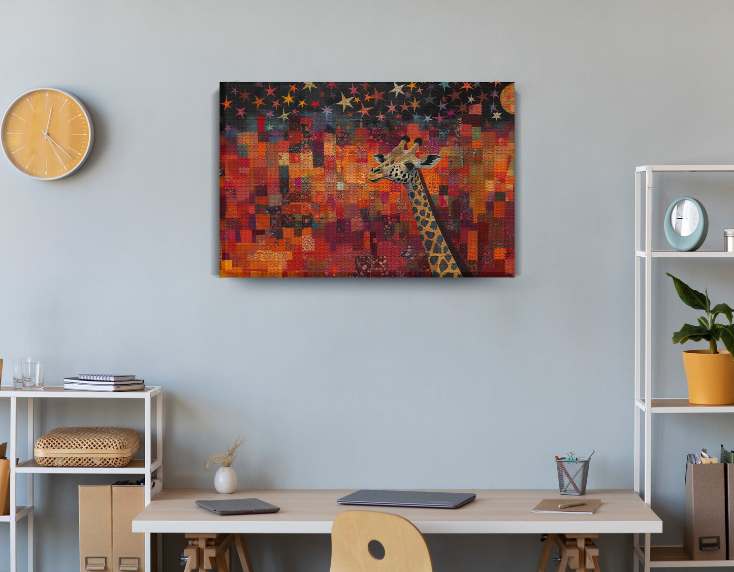 Red Patchwork Giraffe Black African American canvas print displayed as office wall decor
