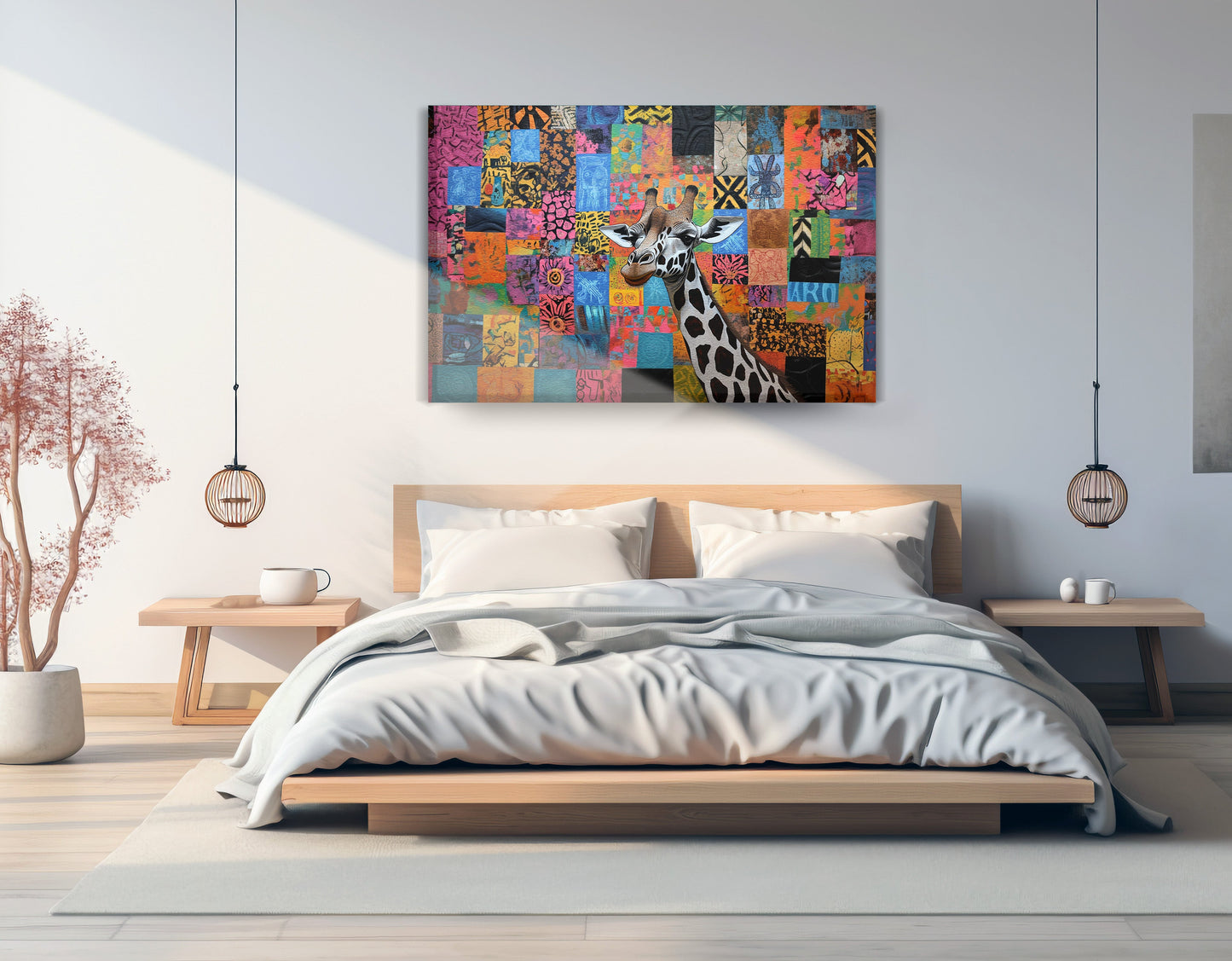Colorful Patchwork Giraffe African American canvas print displayed as bedroom wall decor