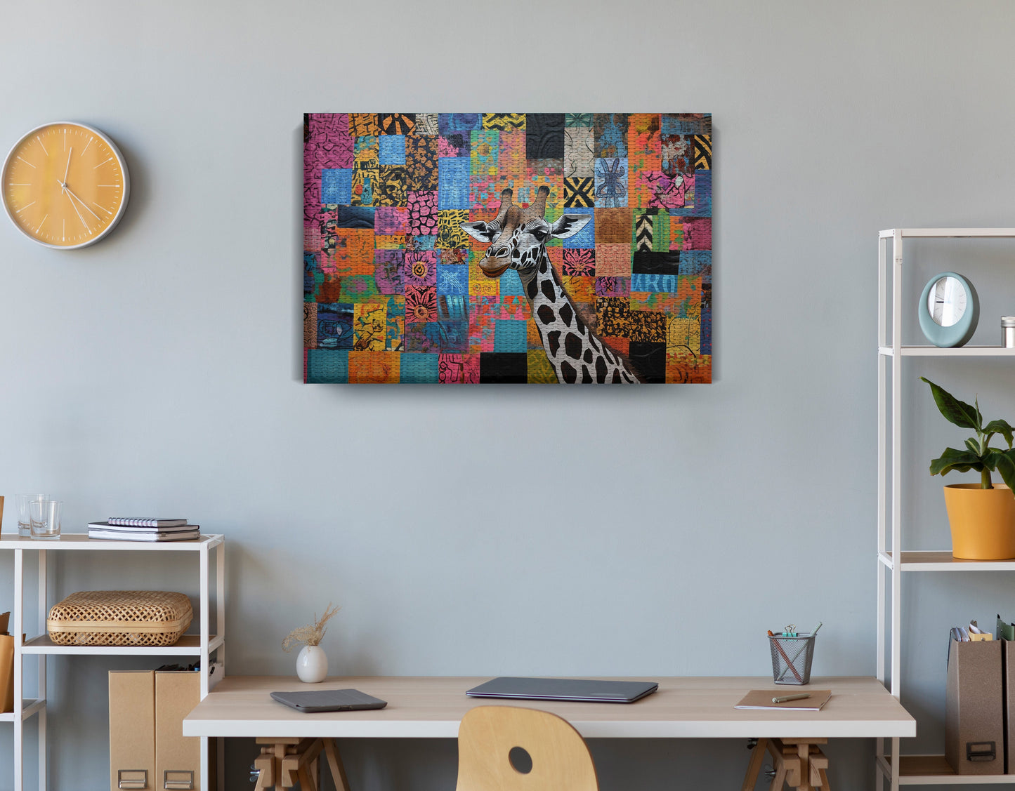 Colorful Patchwork Giraffe African American canvas print displayed as office wall decor