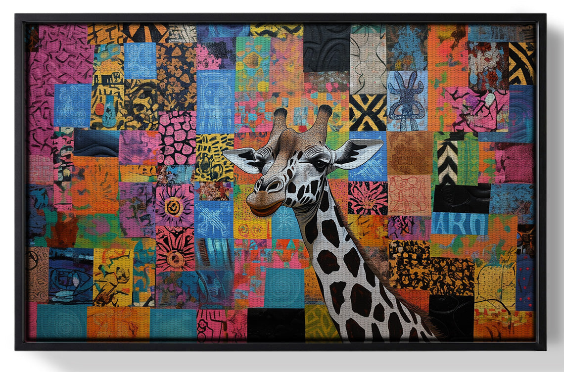 Framed Colorful Patchwork Giraffe African American canvas print for home decor