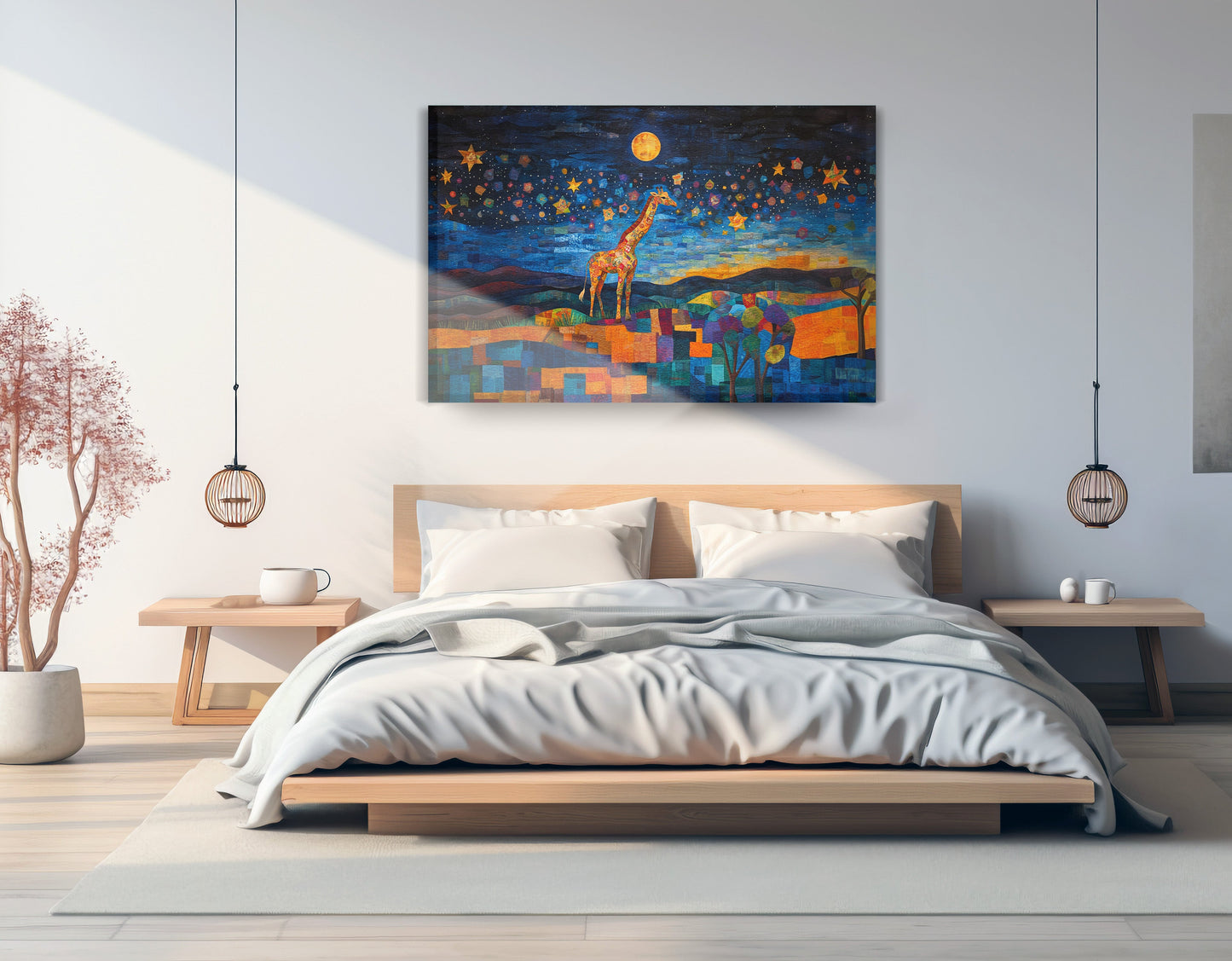 Blue Moon Giraffe Safari Black African American canvas print displayed as bedroom wall decor