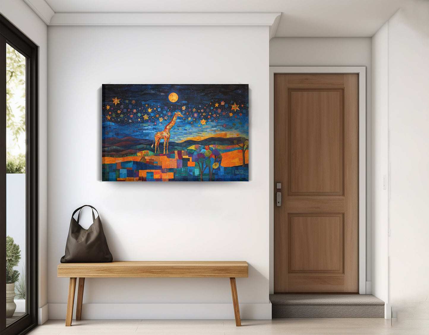 Blue Moon Giraffe Safari Black African American canvas print displayed as entryway wall decor
