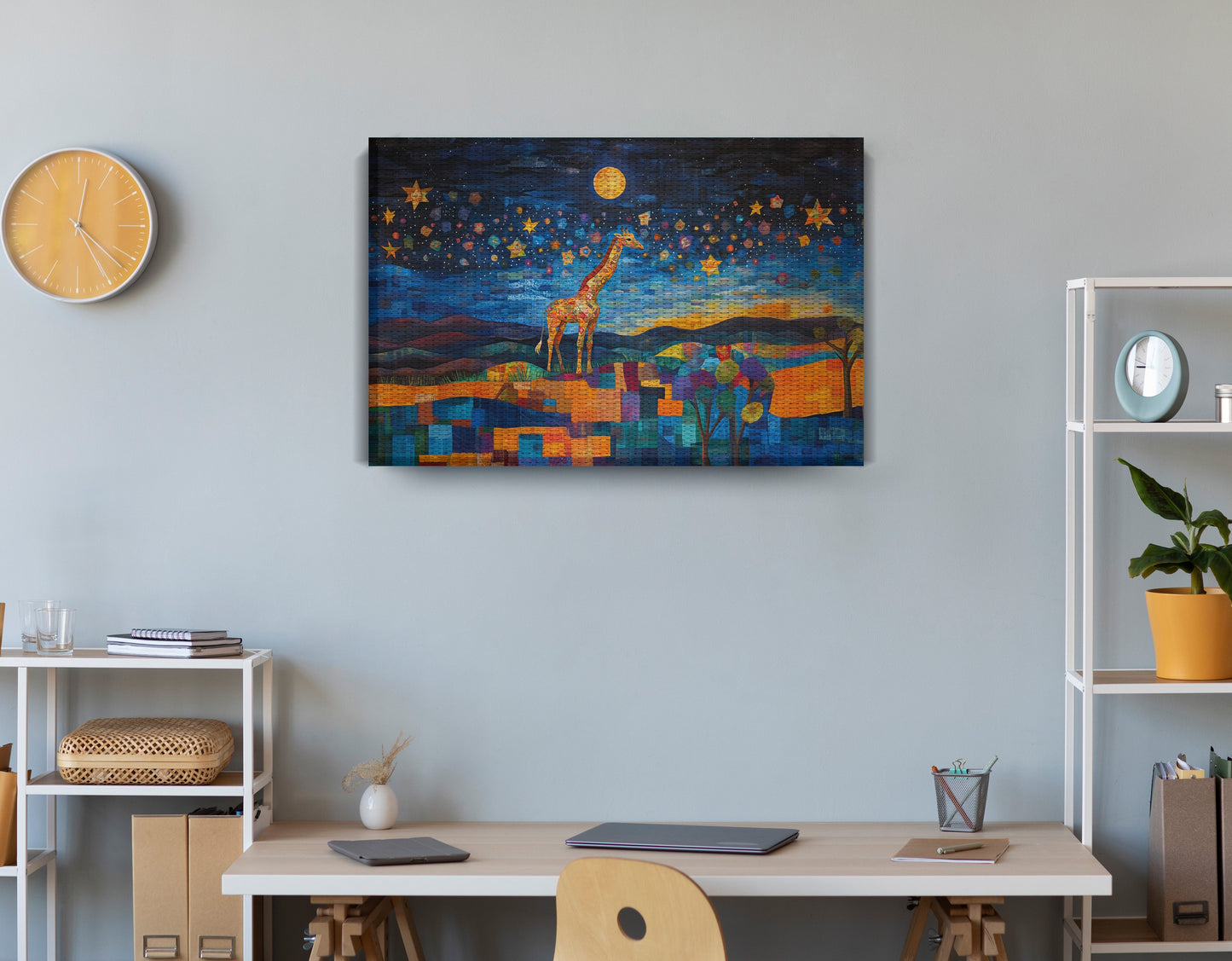 Blue Moon Giraffe Safari Black African American canvas print displayed as office wall decor