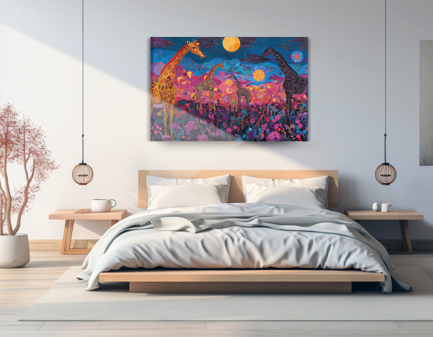 Giraffe Family Floral African American canvas print displayed as bedroom wall decor