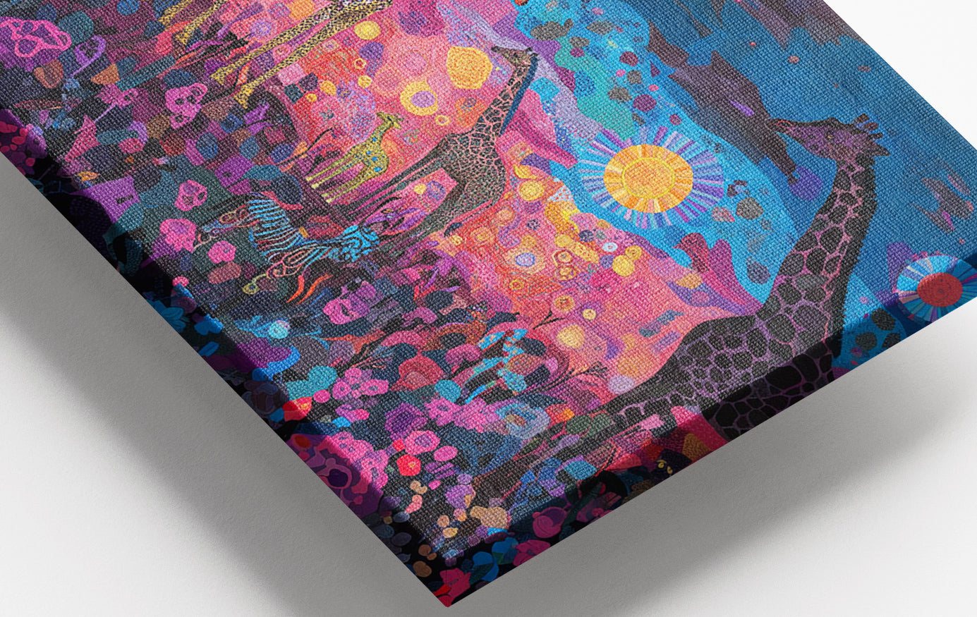 Close-up of Giraffe Family Floral African American canvas print detail