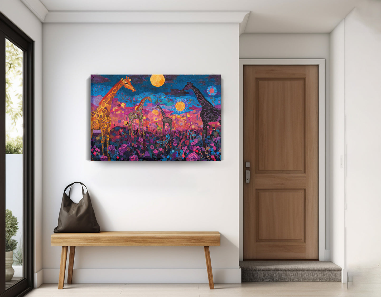 Giraffe Family Floral African American canvas print displayed as entryway wall decor