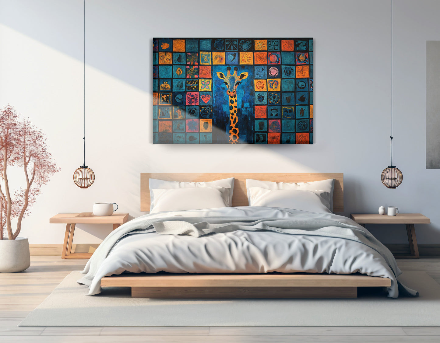 Geometric Giraffe African American abstract art displayed as bedroom wall decor