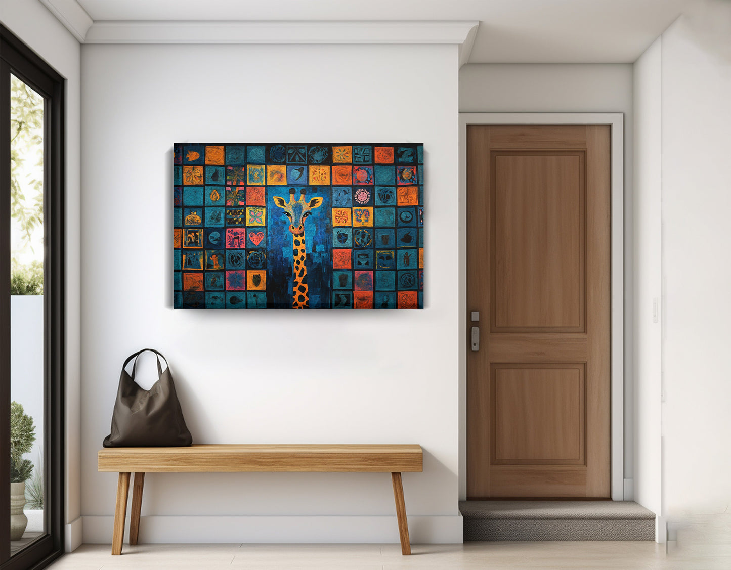 Geometric Giraffe African American abstract art displayed as entryway wall decor