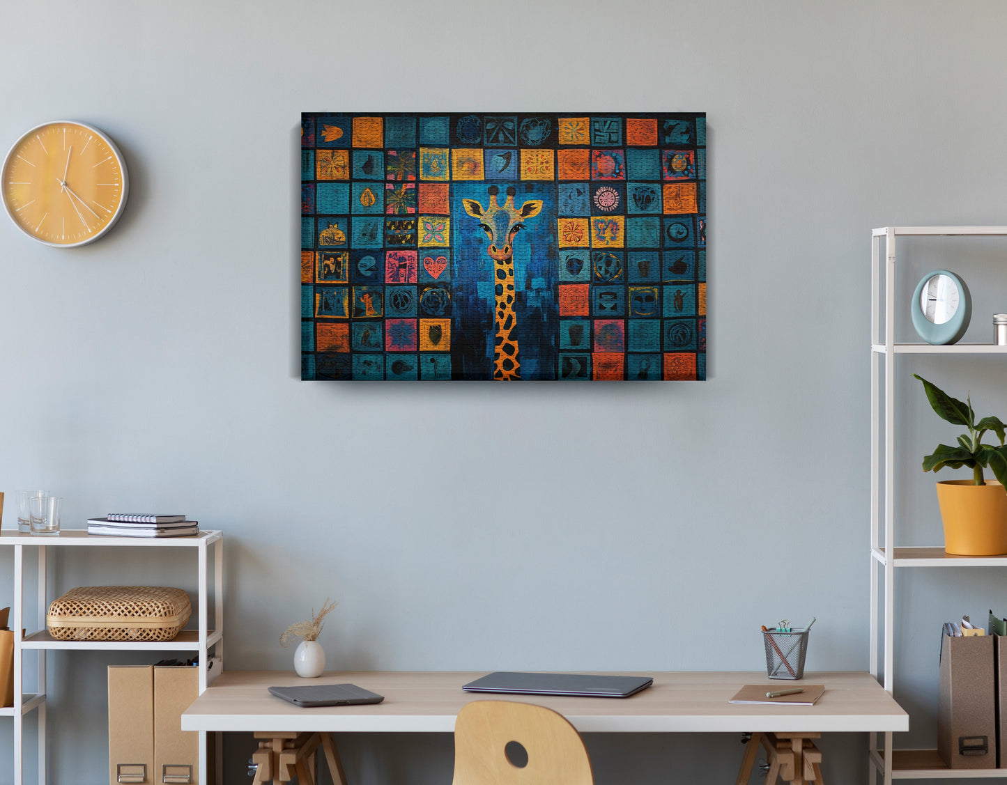 Geometric Giraffe African American abstract art displayed as office wall decor