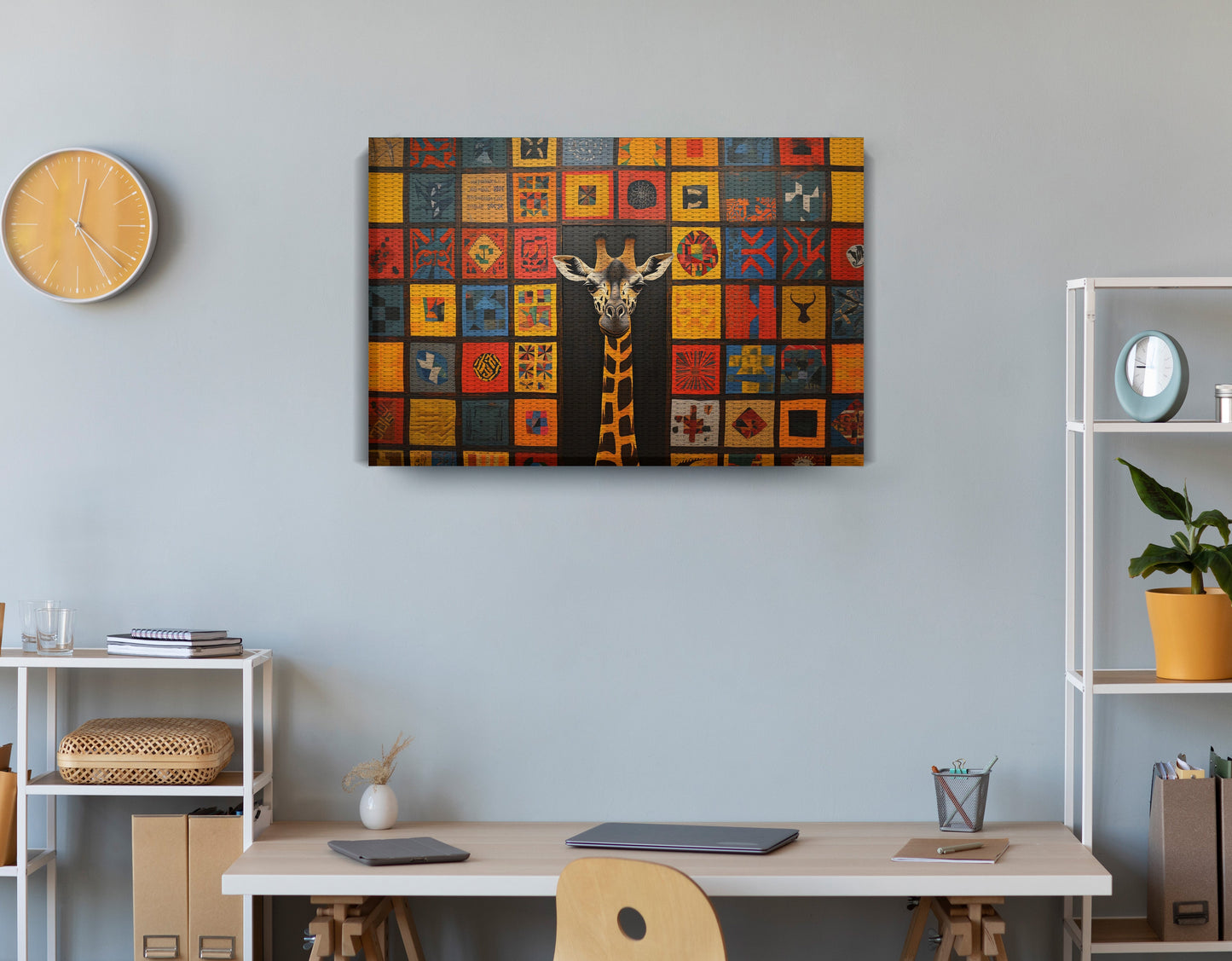 Tribal Pattern Giraffe Black African American canvas print displayed as office wall decor