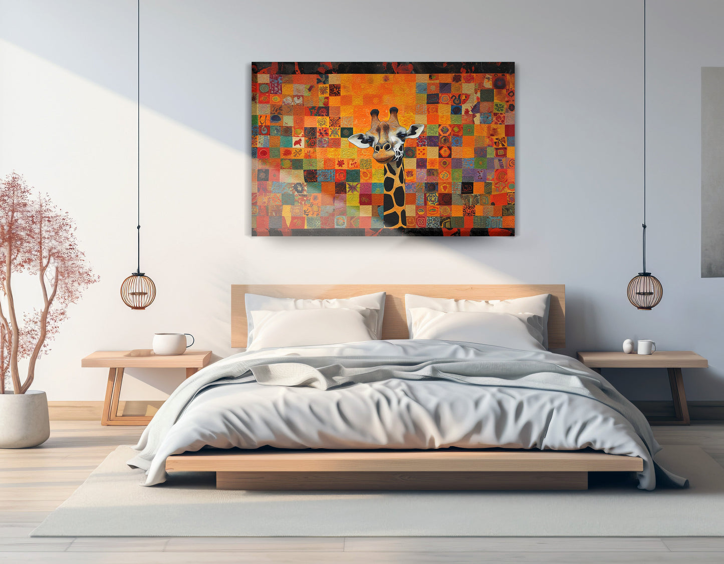Colorful Giraffe Pattern African American canvas print displayed as bedroom wall decor