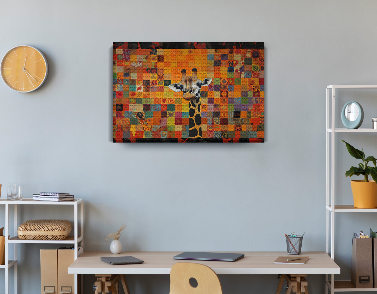 Colorful Giraffe Pattern African American canvas print displayed as office wall decor