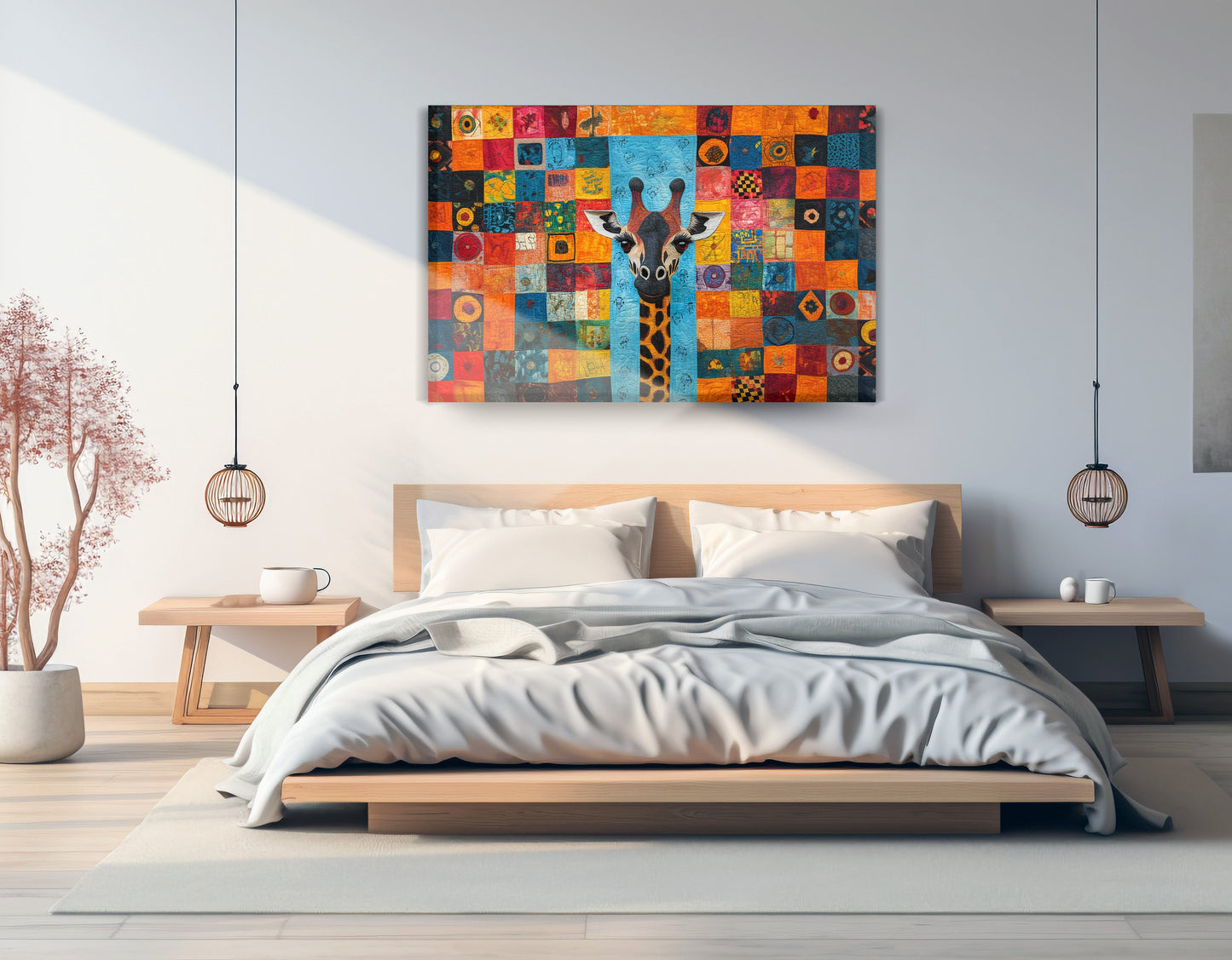 Bright Patchwork Giraffe Black African American canvas print displayed as bedroom wall decor