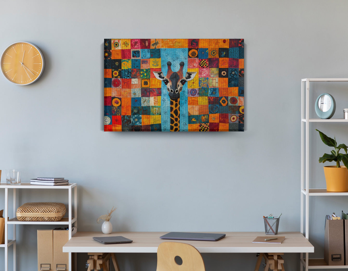 Bright Patchwork Giraffe Black African American canvas print displayed as office wall decor