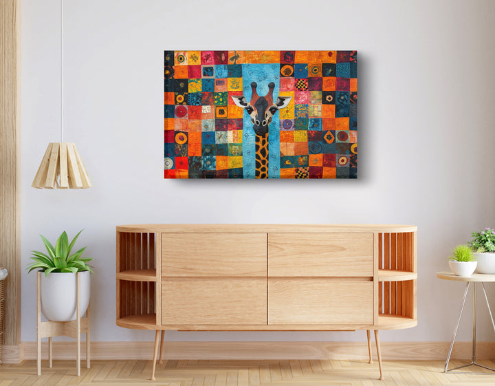 Bright Patchwork Giraffe Black Wall Art