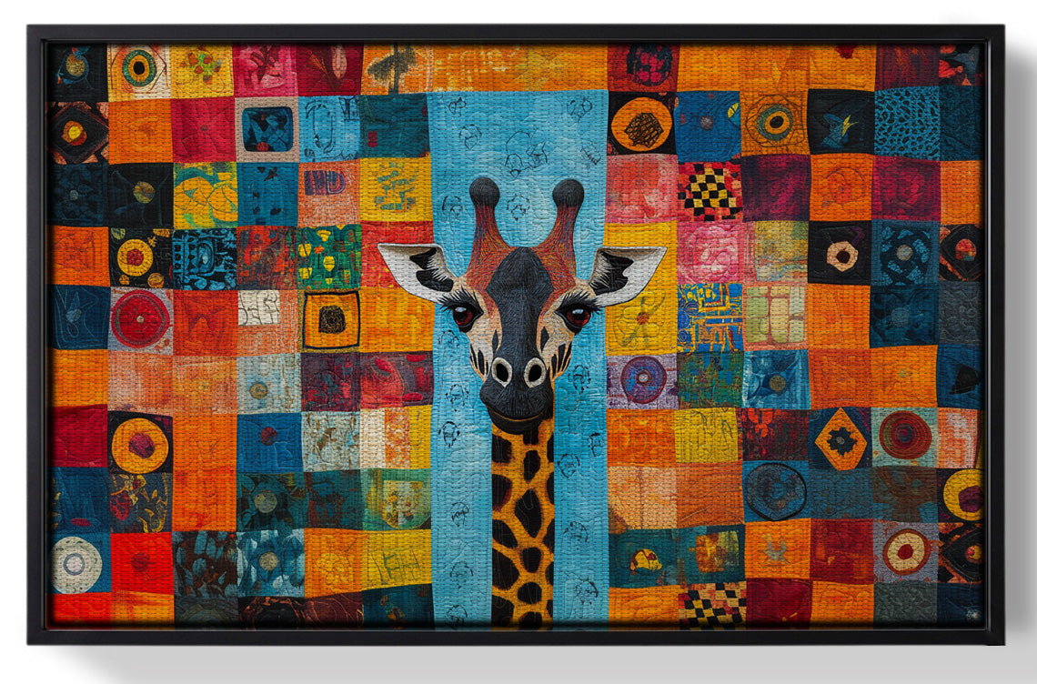 Framed Bright Patchwork Giraffe Black African American canvas print for home decor