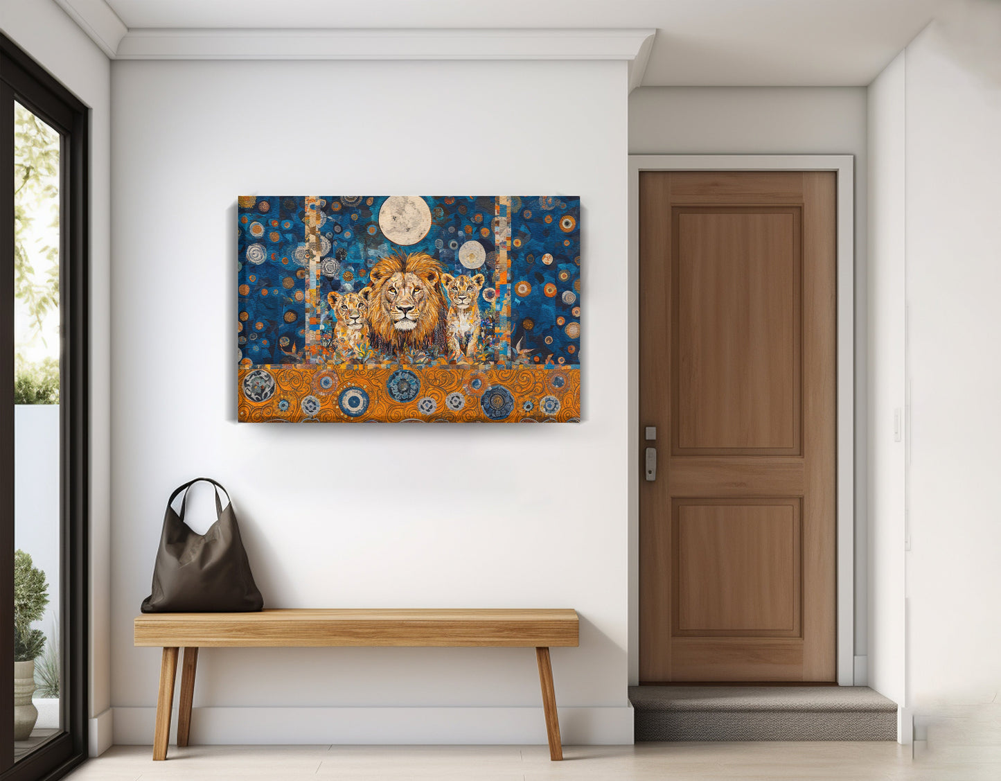 Lion Family Moonlight African American canvas print displayed as entryway wall decor