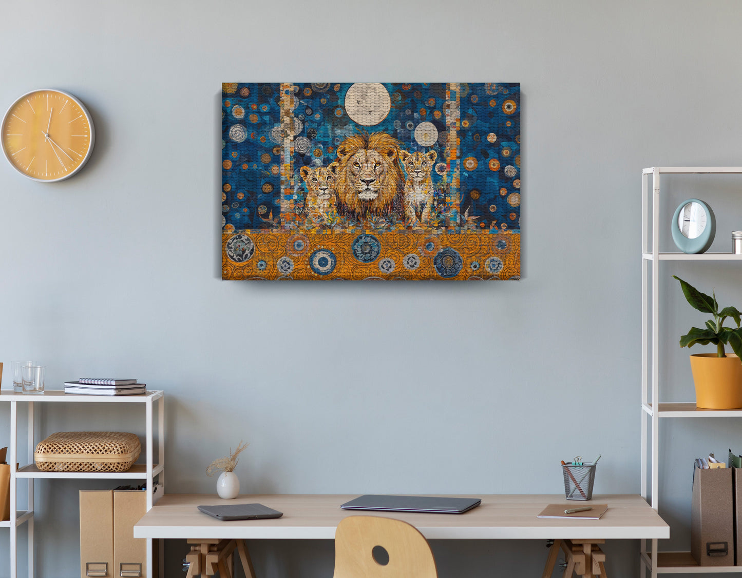 Lion Family Moonlight African American canvas print displayed as office wall decor