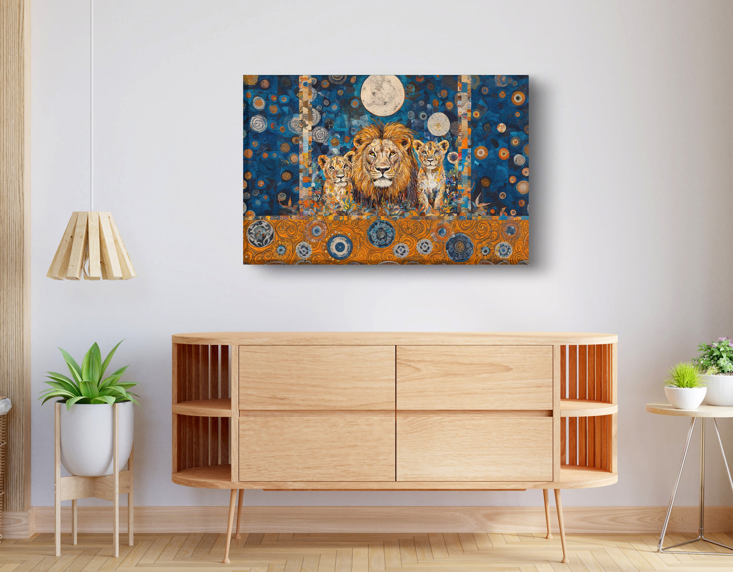 Lion Family Moonlight African American canvas print displayed as living room wall decor