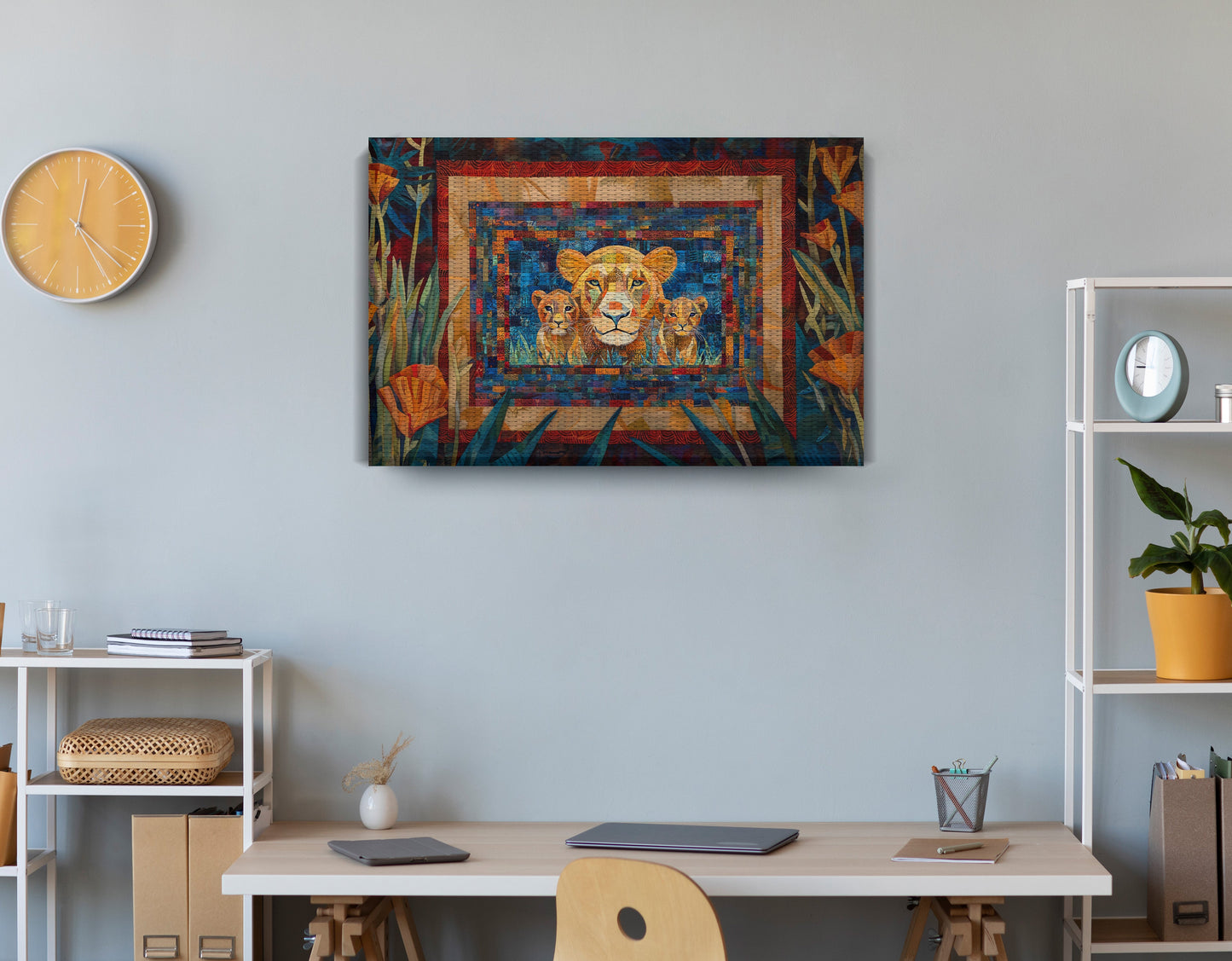 Lion Family Safari Black African American canvas print displayed as office wall decor