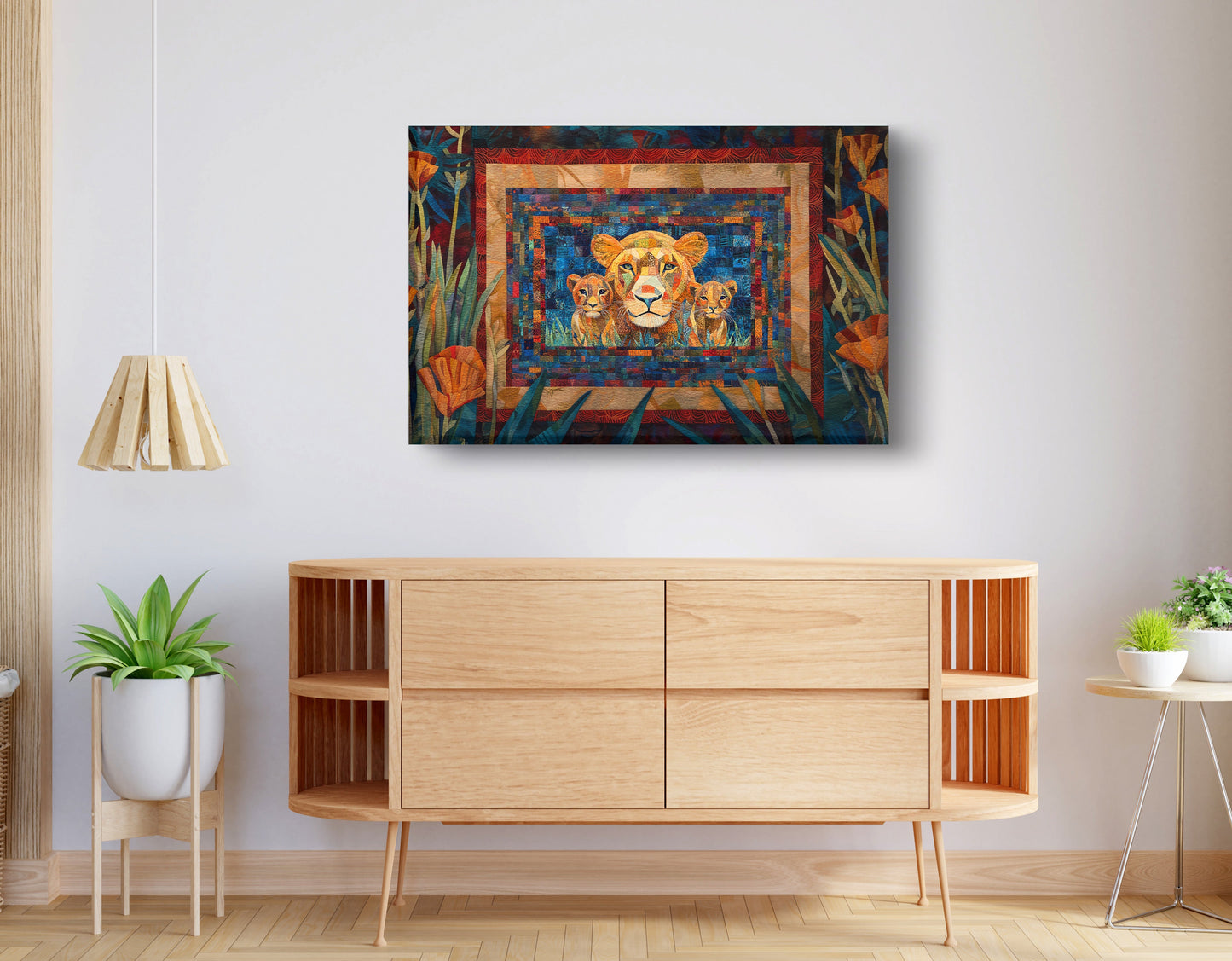 Lion Family Safari Black African American canvas print displayed as living room wall decor