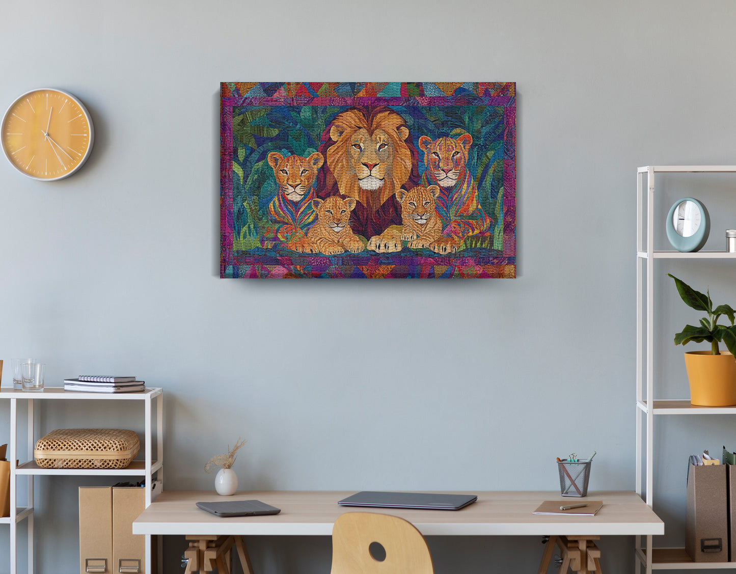 Lion Pride Jungle African American canvas print displayed as office wall decor