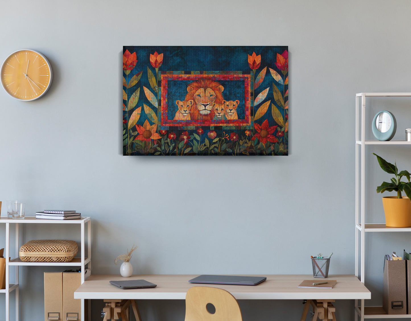 Lion Family Tropical Caribbean wall art displayed as office wall decor