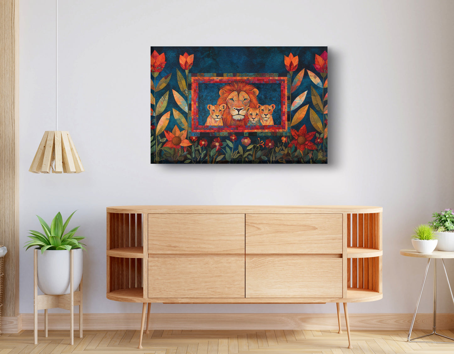 Lion Family Tropical Caribbean wall art displayed as living room wall decor
