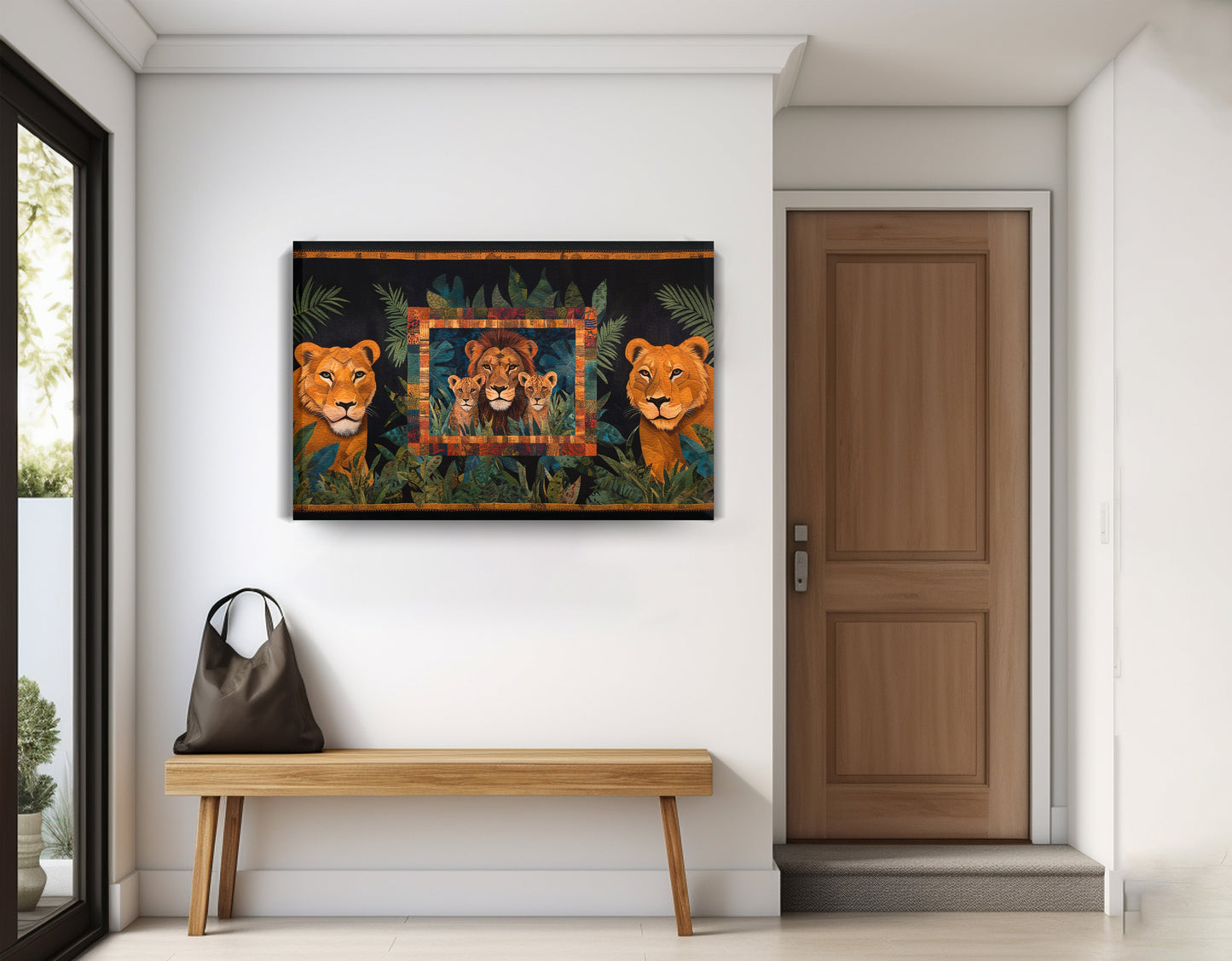 Lion Pride Jungle Black African American canvas print displayed as entryway wall decor