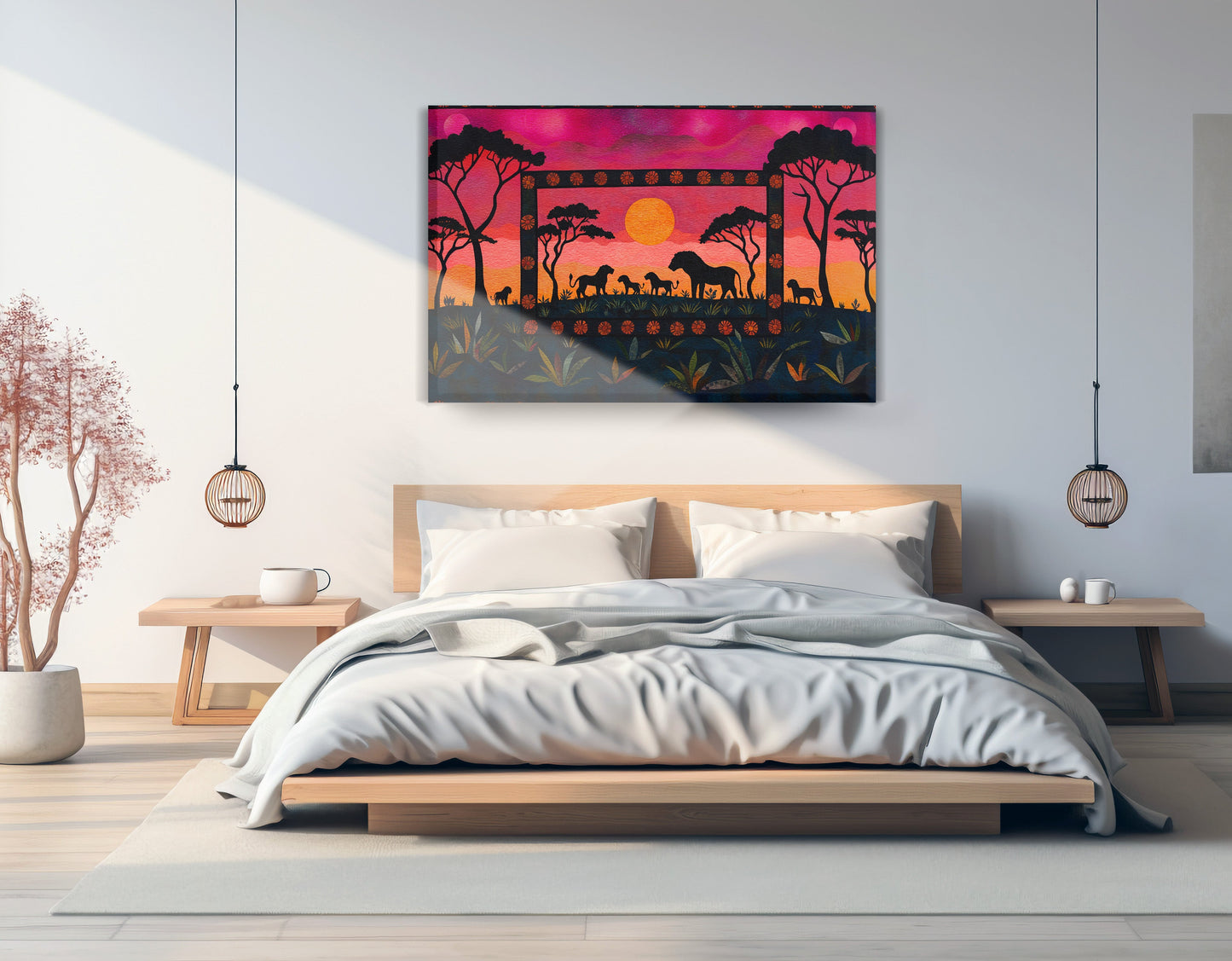 Safari Sunset Silhouette African American canvas print displayed as bedroom wall decor