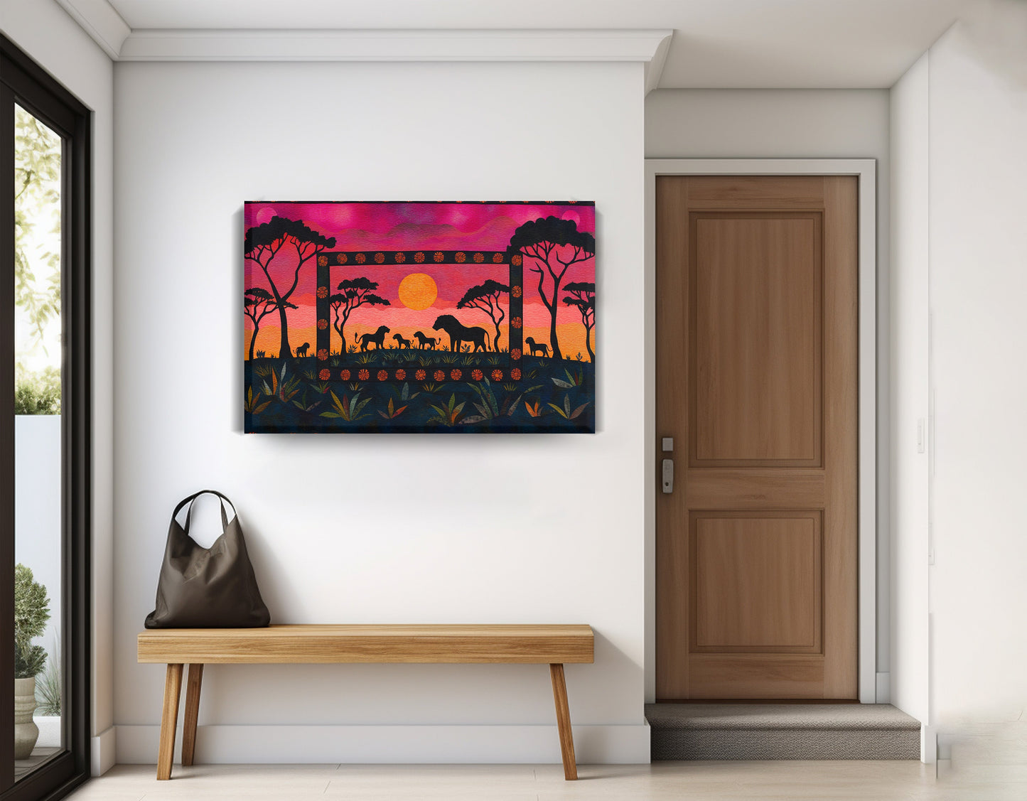 Safari Sunset Silhouette African American canvas print displayed as entryway wall decor