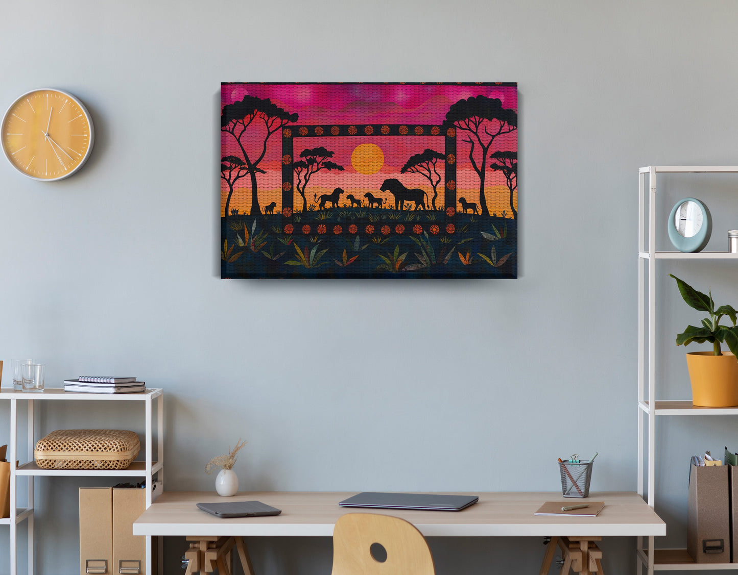 Safari Sunset Silhouette African American canvas print displayed as office wall decor