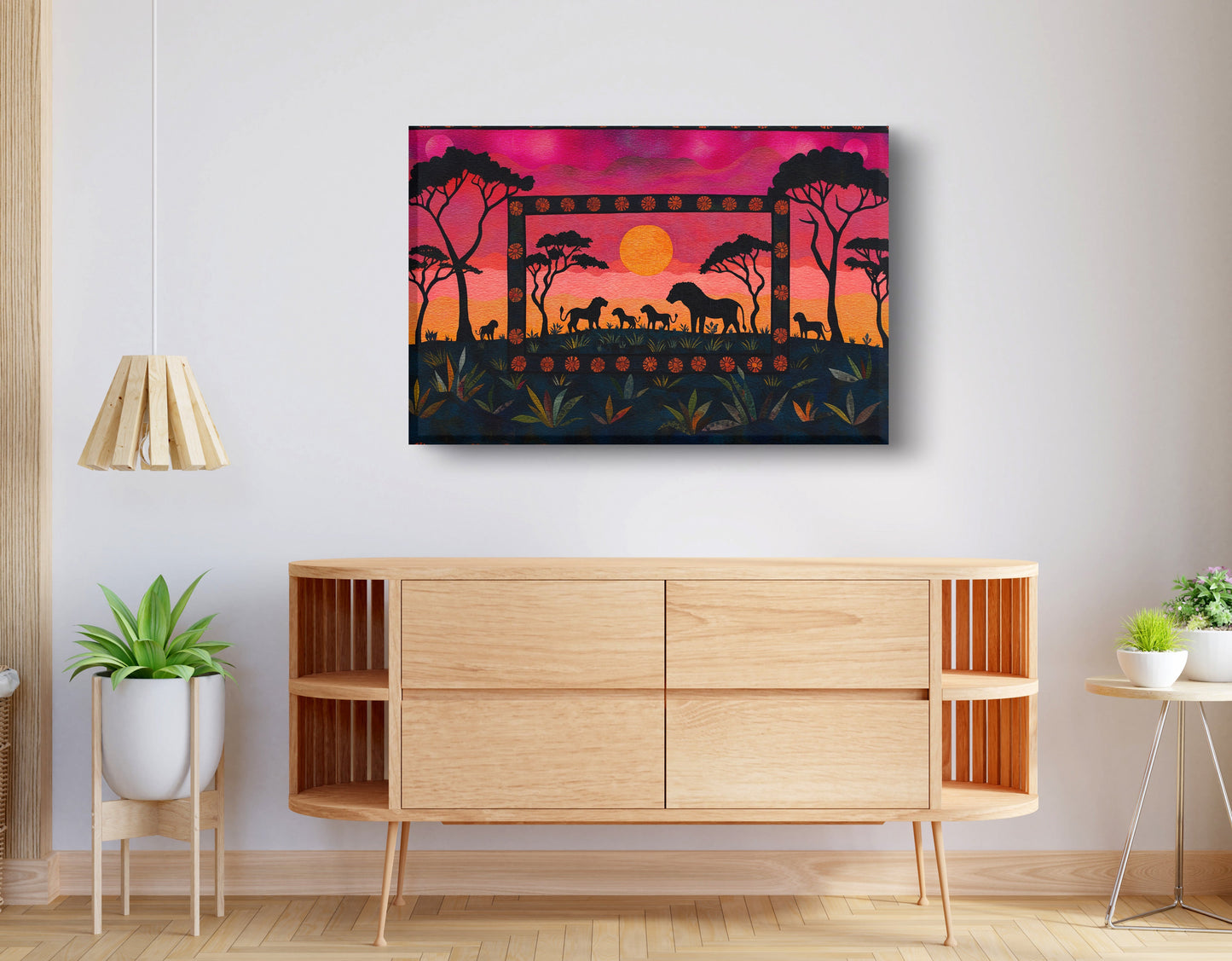 Safari Sunset Silhouette African American canvas print displayed as living room wall decor