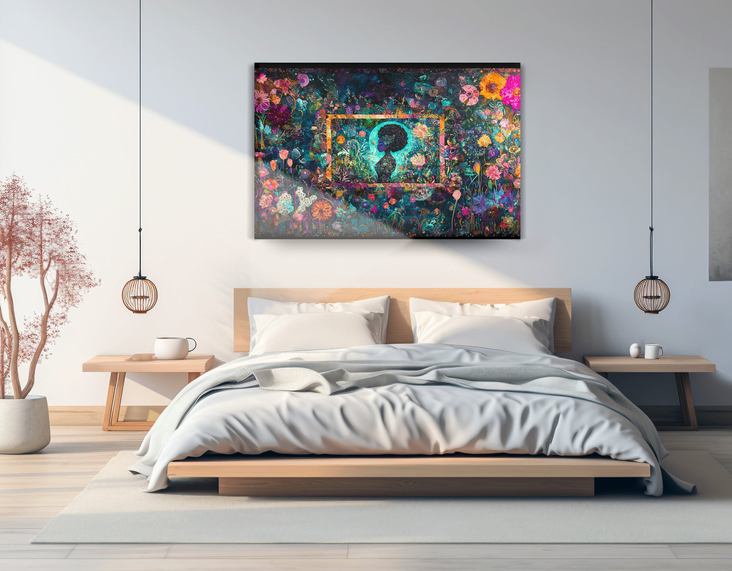 Black Woman Floral Garden African American wall art displayed as bedroom wall decor