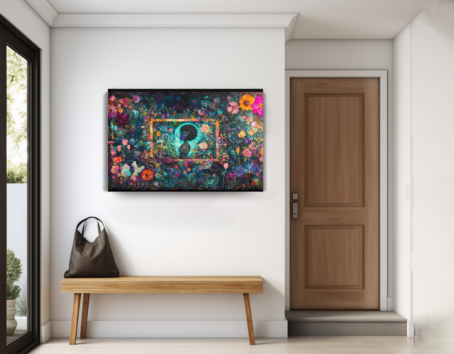 Black Woman Floral Garden African American wall art displayed as entryway wall decor