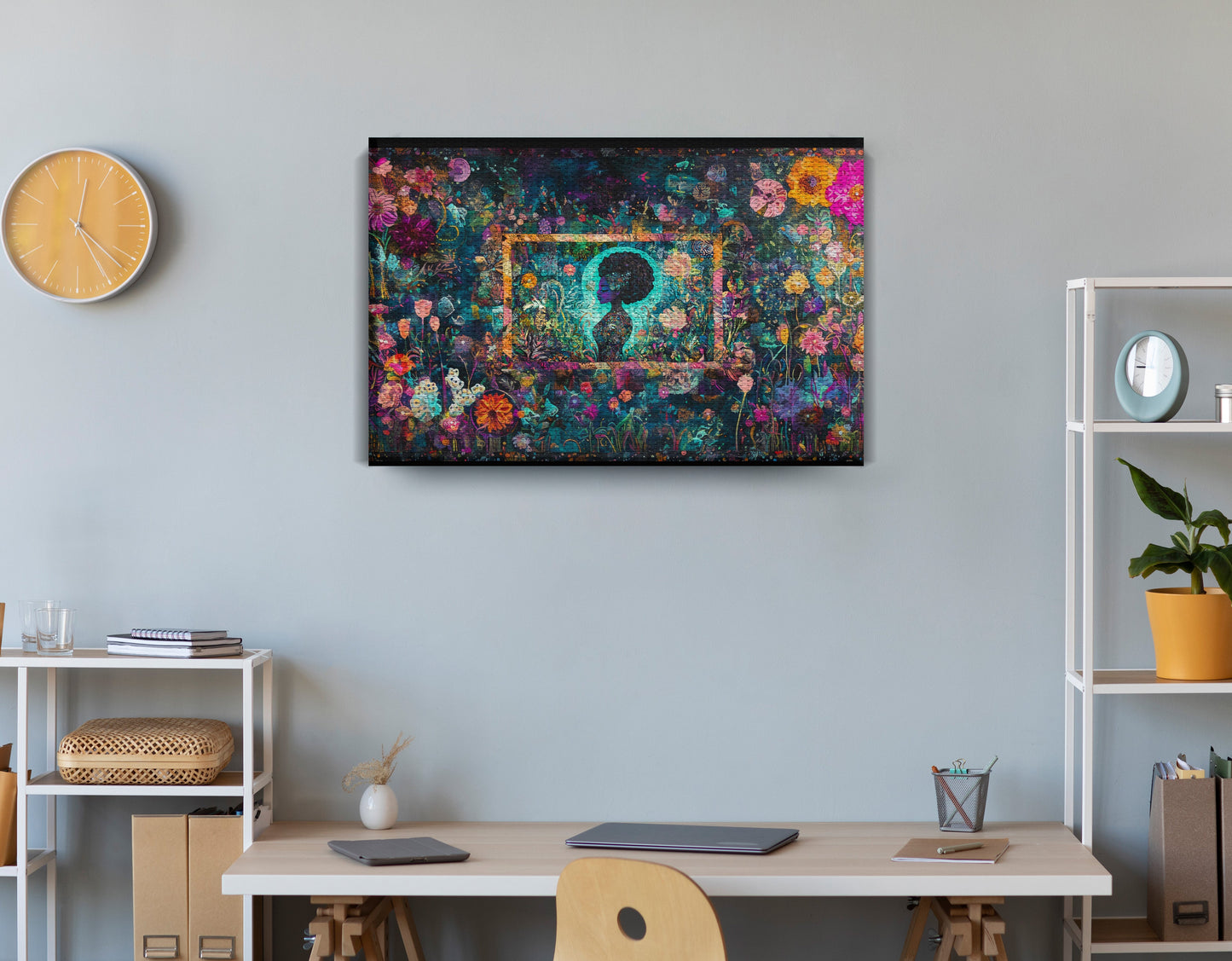 Black Woman Floral Garden African American wall art displayed as office wall decor