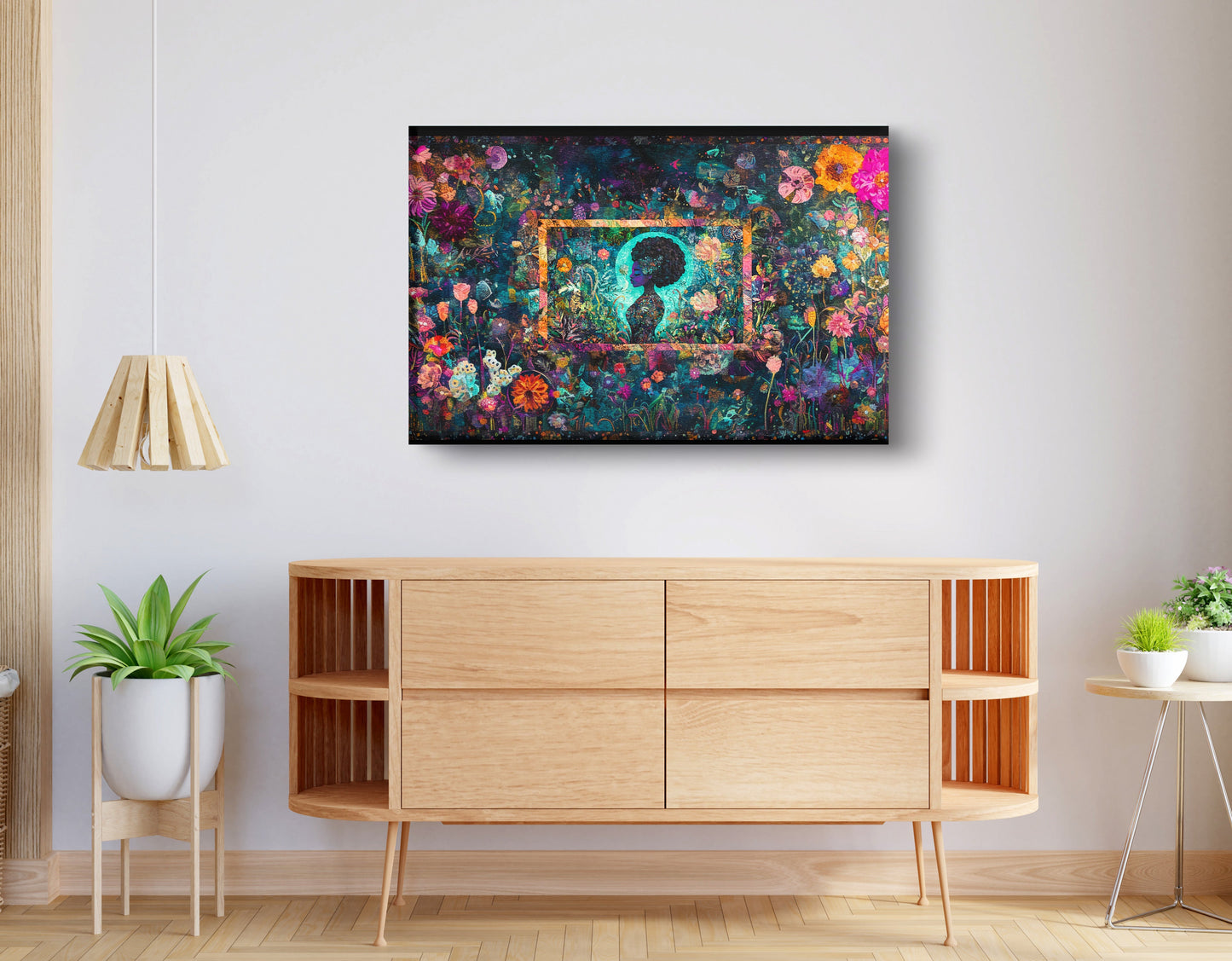 Black Woman Floral Garden African American wall art displayed as living room wall decor