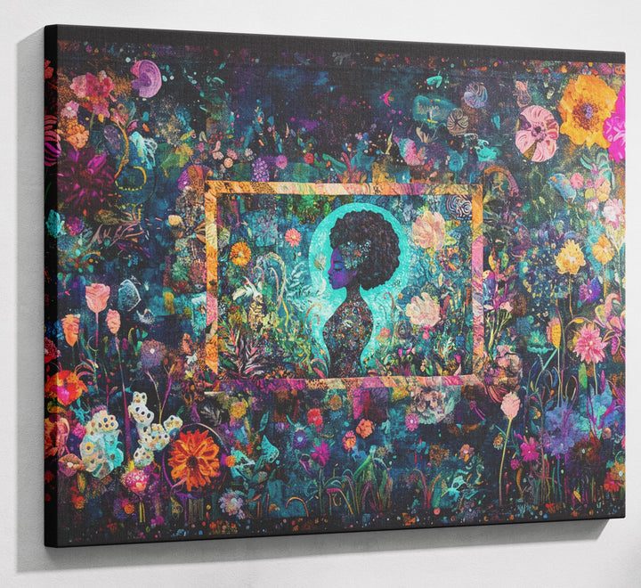 Black Woman Floral Garden African American wall art canvas print with visible wall art format